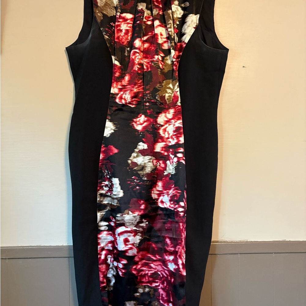 London Style Black and Red Floral Midi Dress- silky fabric on center area